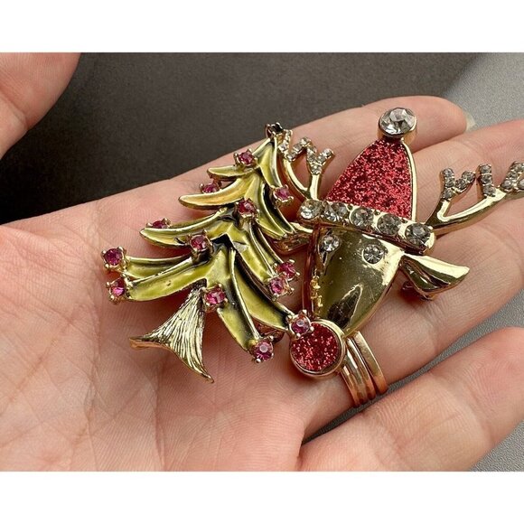 Vintage 60s Signed OPIM GOLDTONE Christmas Tree & Reindeer Rhinestone Pin Brooch - Picture 6 of 6